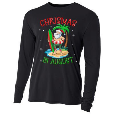 Christmas In August Funny Summer Santa On Beach Cooling Performance Long Sleeve Crew