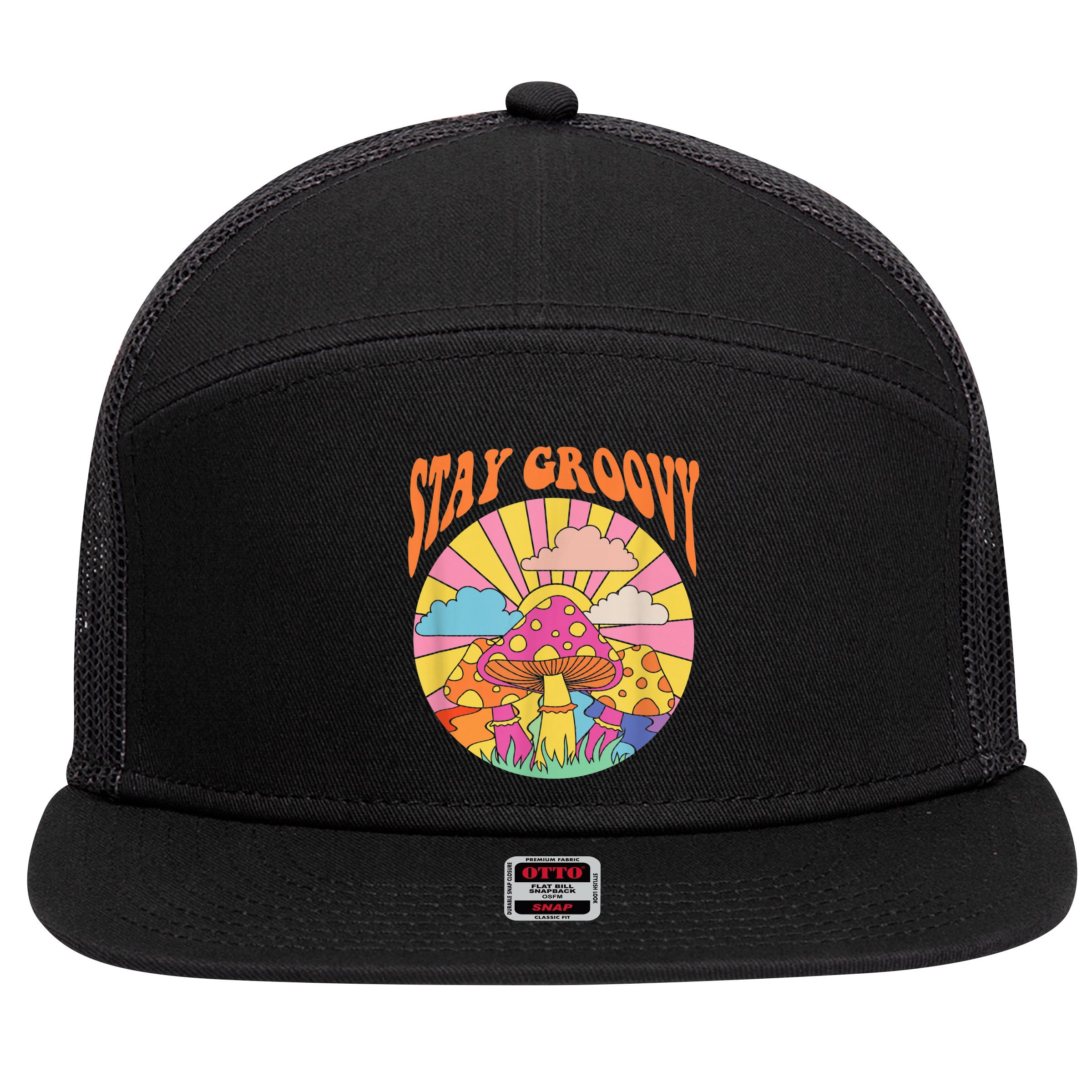 Cute Indie Aesthetic Mushroom Stay Groovy Retro 70s Hippie 7 Panel Mesh Trucker Snapback Hat