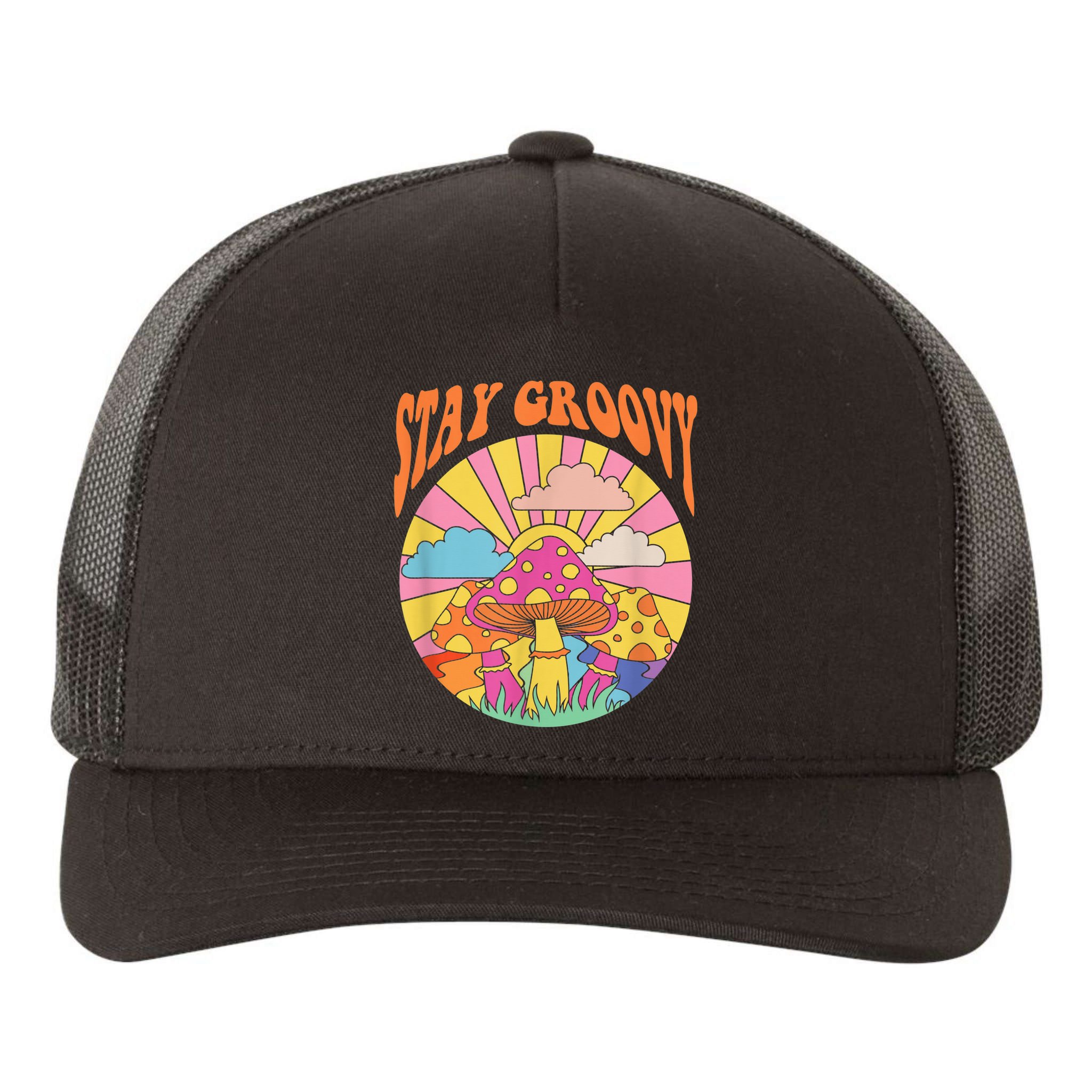Cute Indie Aesthetic Mushroom Stay Groovy Retro 70s Hippie Yupoong Adult 5-Panel Trucker Hat