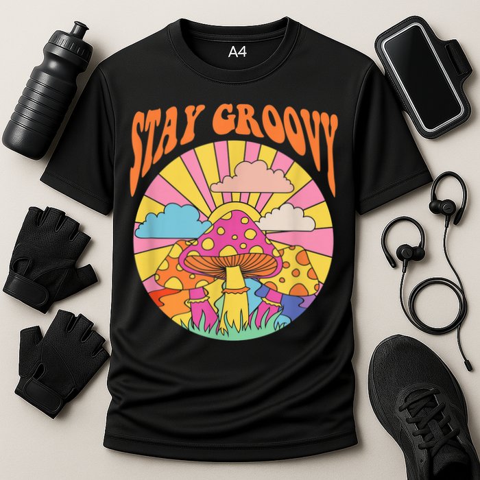 Cute Indie Aesthetic Mushroom Stay Groovy Retro 70s Hippie Cooling Performance Crew T-Shirt