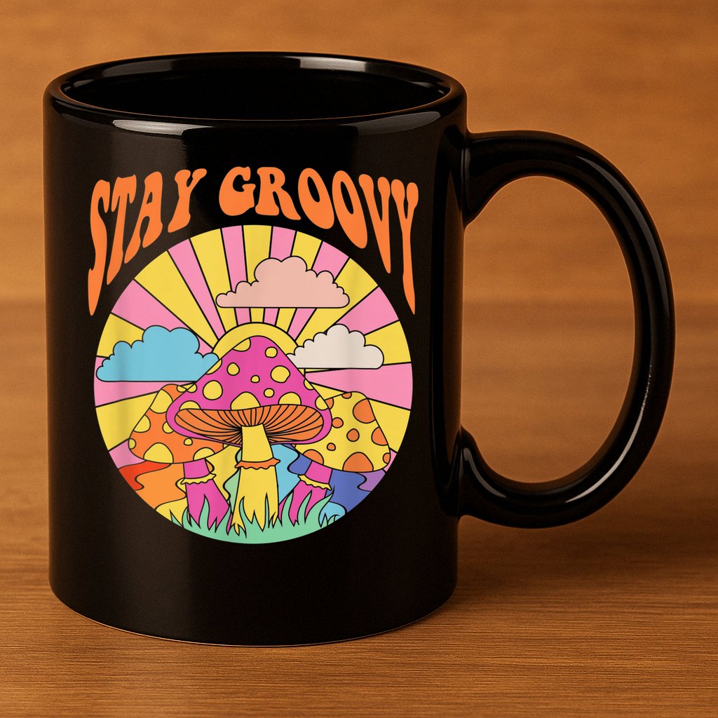 Cute Indie Aesthetic Mushroom Stay Groovy Retro 70s Hippie 11oz C Handle Ceramic Mug