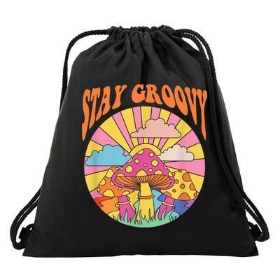 Cute Indie Aesthetic Mushroom Stay Groovy Retro 70s Hippie Drawstring Bag