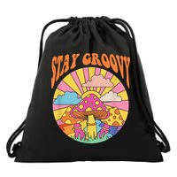 Cute Indie Aesthetic Mushroom Stay Groovy Retro 70s Hippie Drawstring Bag