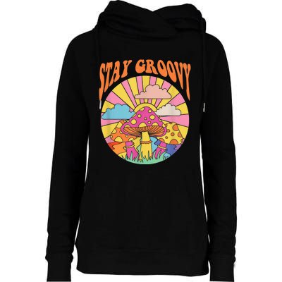 Cute Indie Aesthetic Mushroom Stay Groovy Retro 70s Hippie Womens Funnel Neck Pullover Hood