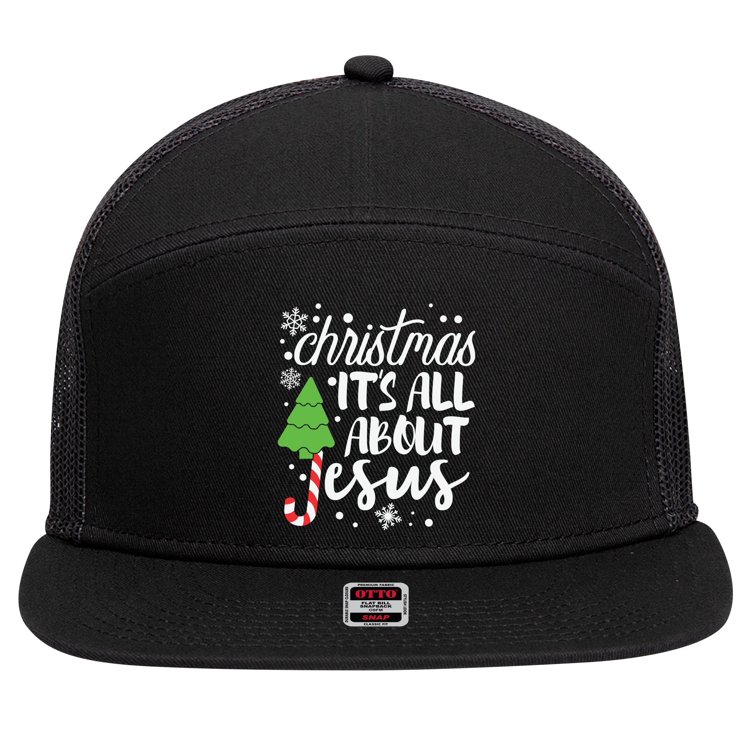 Christmas It's All About Jesus Christmas Tree Gift 7 Panel Mesh Trucker Snapback Hat
