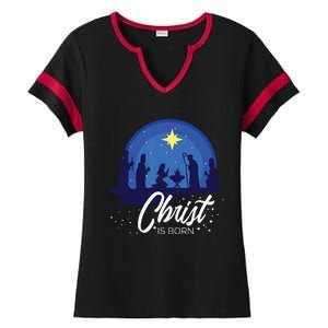 Christ Is Born Bible First Christmas Holiday Jesus Birthday Ladies Halftime Notch Neck Tee