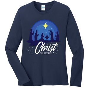 Christ Is Born Bible First Christmas Holiday Jesus Birthday Ladies Long Sleeve Shirt