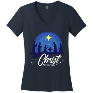 Christ Is Born Bible First Christmas Holiday Jesus Birthday Women's V-Neck T-Shirt