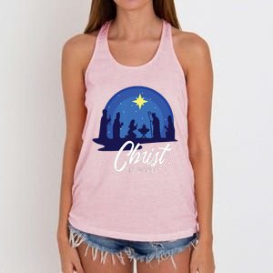 Christ Is Born Bible First Christmas Holiday Jesus Birthday Women's Knotted Racerback Tank