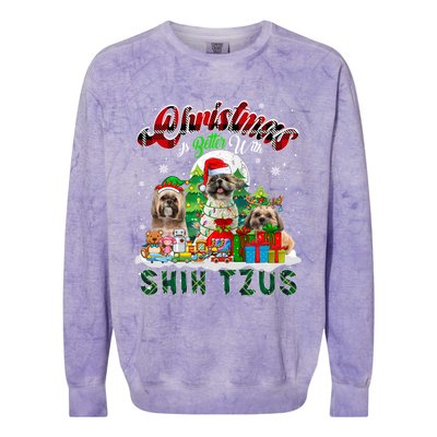 Christmas Is Better With Shih Tzus Three Santa Elf Dogs Gift Colorblast Crewneck Sweatshirt