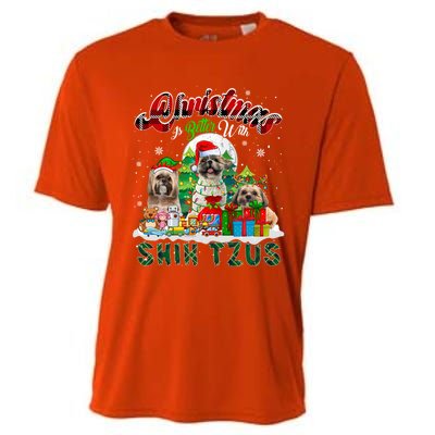 Christmas Is Better With Shih Tzus Three Santa Elf Dogs Gift Cooling Performance Crew T-Shirt