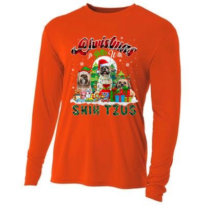 Christmas Is Better With Shih Tzus Three Santa Elf Dogs Gift Cooling Performance Long Sleeve Crew