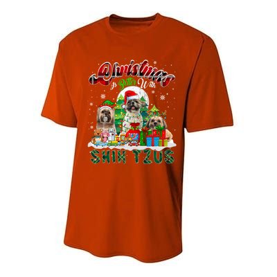 Christmas Is Better With Shih Tzus Three Santa Elf Dogs Gift Performance Sprint T-Shirt