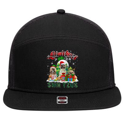 Christmas Is Better With Shih Tzus Three Santa Elf Dogs Gift 7 Panel Mesh Trucker Snapback Hat