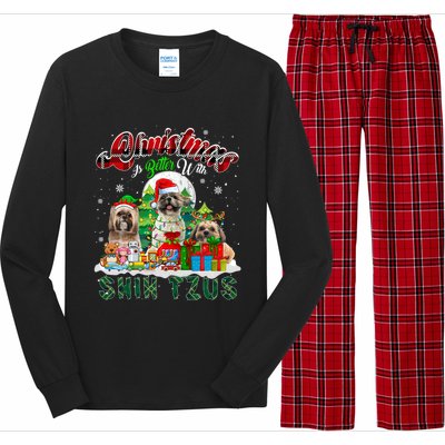 Christmas Is Better With Shih Tzus Three Santa Elf Dogs Gift Long Sleeve Pajama Set