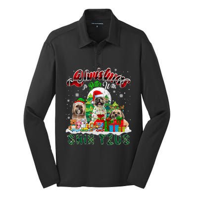 Christmas Is Better With Shih Tzus Three Santa Elf Dogs Gift Silk Touch Performance Long Sleeve Polo