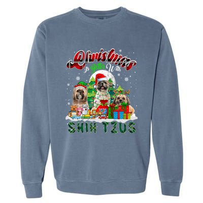 Christmas Is Better With Shih Tzus Three Santa Elf Dogs Gift Garment-Dyed Sweatshirt