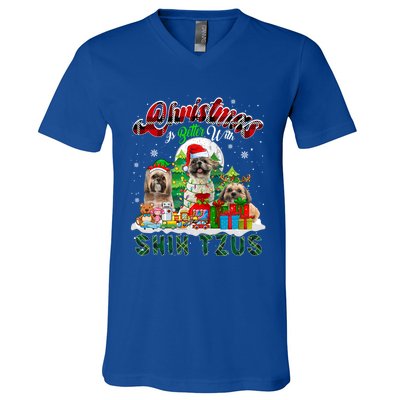 Christmas Is Better With Shih Tzus Three Santa Elf Dogs Gift V-Neck T-Shirt