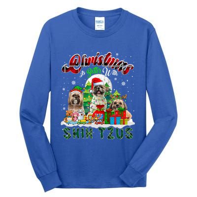 Christmas Is Better With Shih Tzus Three Santa Elf Dogs Gift Tall Long Sleeve T-Shirt