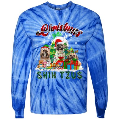 Christmas Is Better With Shih Tzus Three Santa Elf Dogs Gift Tie-Dye Long Sleeve Shirt