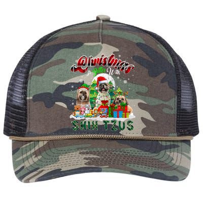 Christmas Is Better With Shih Tzus Three Santa Elf Dogs Gift Retro Rope Trucker Hat Cap