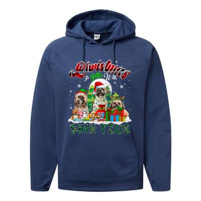 Christmas Is Better With Shih Tzus Three Santa Elf Dogs Gift Performance Fleece Hoodie