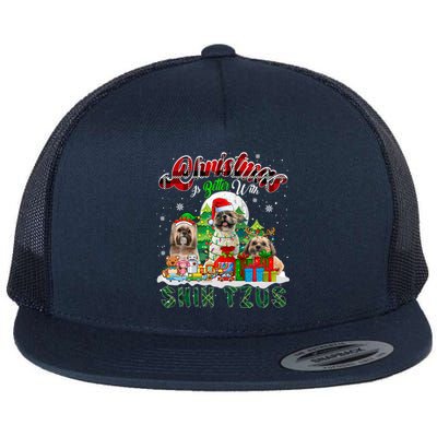 Christmas Is Better With Shih Tzus Three Santa Elf Dogs Gift Flat Bill Trucker Hat