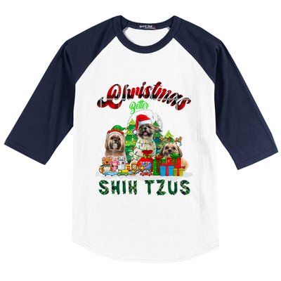 Christmas Is Better With Shih Tzus Three Santa Elf Dogs Gift Baseball Sleeve Shirt