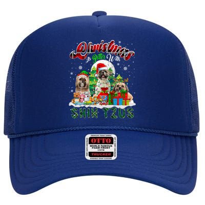 Christmas Is Better With Shih Tzus Three Santa Elf Dogs Gift High Crown Mesh Back Trucker Hat