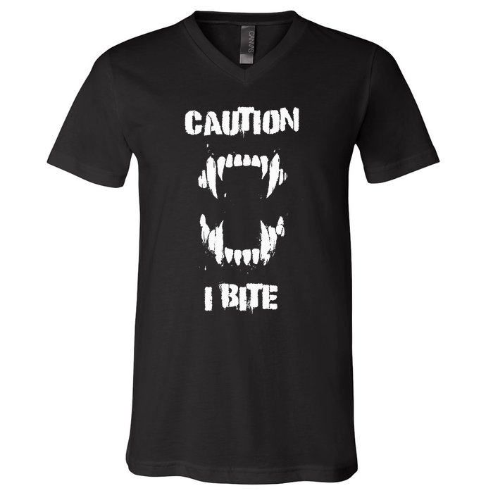 Caution I Bite Vampire Werewolf Halloween V-Neck T-Shirt