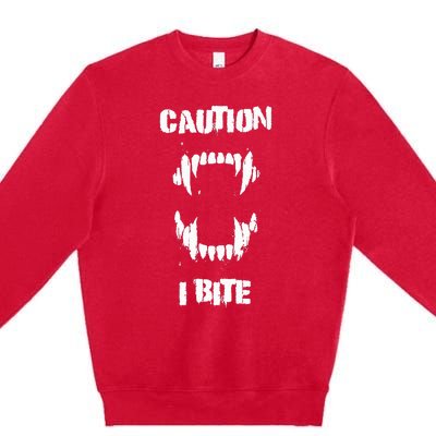 Caution I Bite Vampire Werewolf Halloween Premium Crewneck Sweatshirt