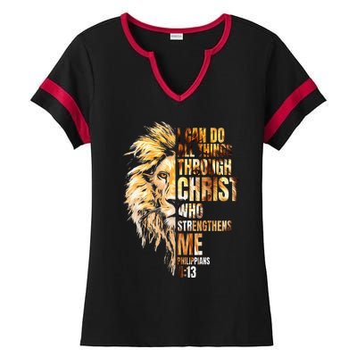 Christian I Can Do All Things Through Christ Lion Faith Ladies Halftime Notch Neck Tee