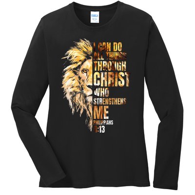 Christian I Can Do All Things Through Christ Lion Faith Ladies Long Sleeve Shirt