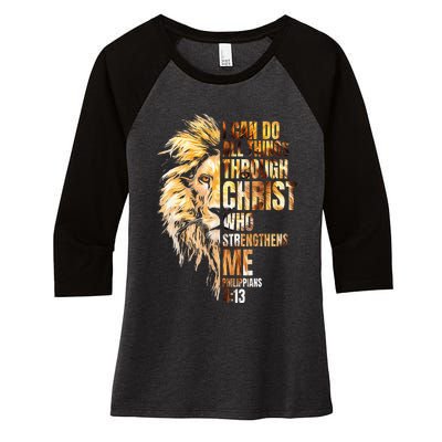 Christian I Can Do All Things Through Christ Lion Faith Women's Tri-Blend 3/4-Sleeve Raglan Shirt