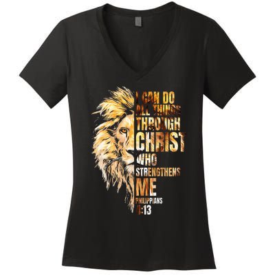 Christian I Can Do All Things Through Christ Lion Faith Women's V-Neck T-Shirt