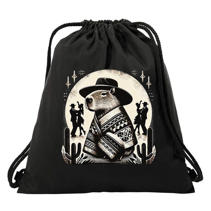 Capybara In Cowboy Hat And Poncho Dance Mexico Drawstring Bag