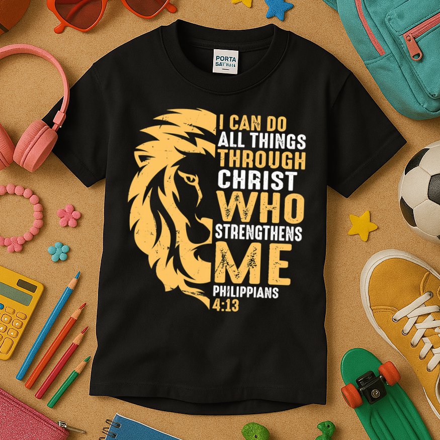Christian I Can Do All Things Through Christ Lion Faith Kids T-Shirt