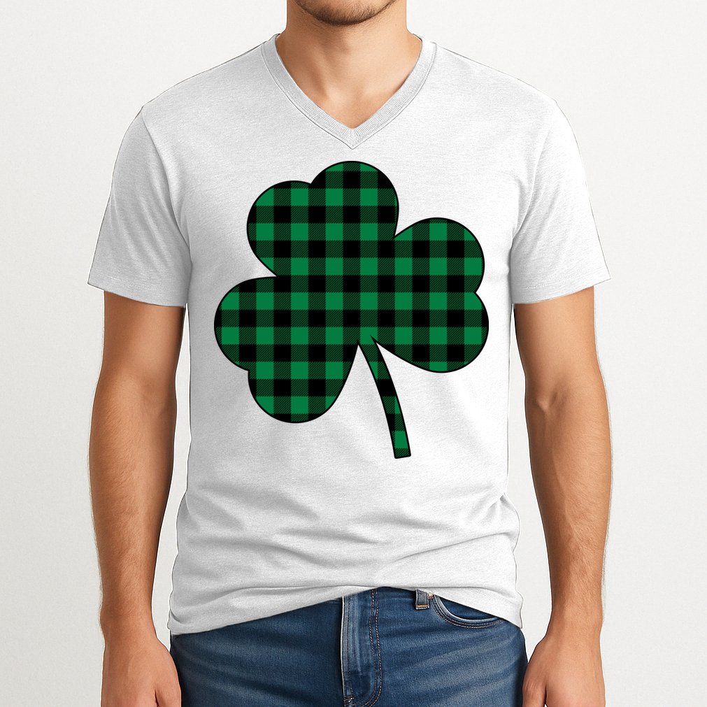 Checkered Irish Clover Leaf V-Neck T-Shirt
