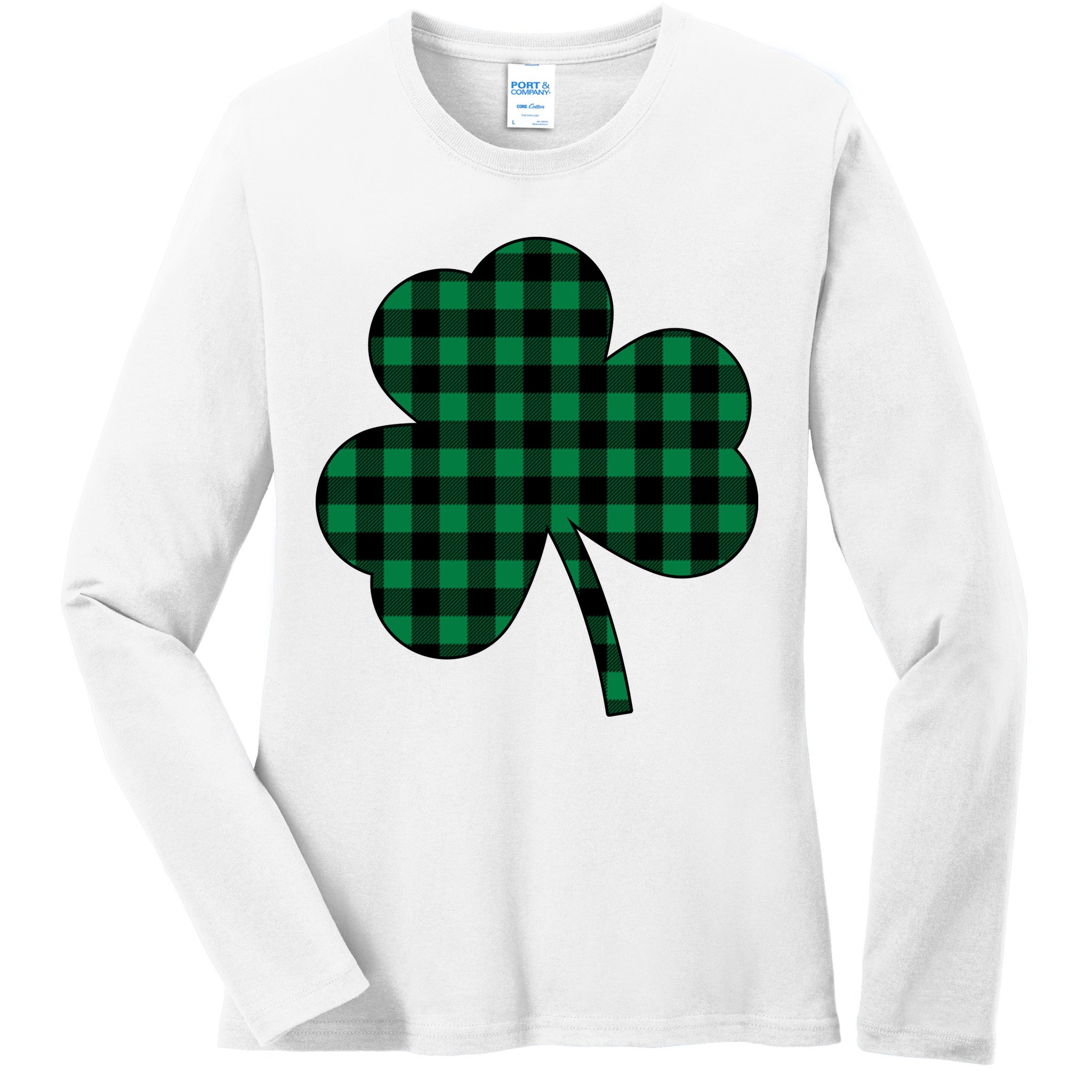 Checkered Irish Clover Leaf Ladies Long Sleeve Shirt