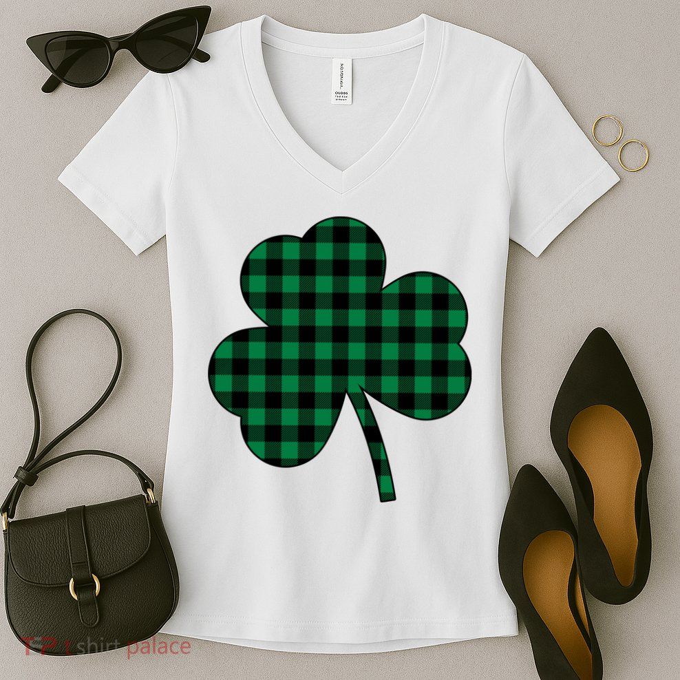 Checkered Irish Clover Leaf Women's V-Neck T-Shirt