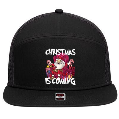 Christmas Is Coming Santa Claus Chistmas Season Gift 7 Panel Mesh Trucker Snapback Hat