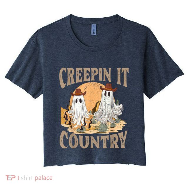 Creepin It Country Funny Halloween Western Cowboy And Cactus Crop Top