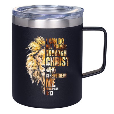 Christian I Can Do All Things Through Christ Lion Faith 12oz Stainless Steel Coffee Mug