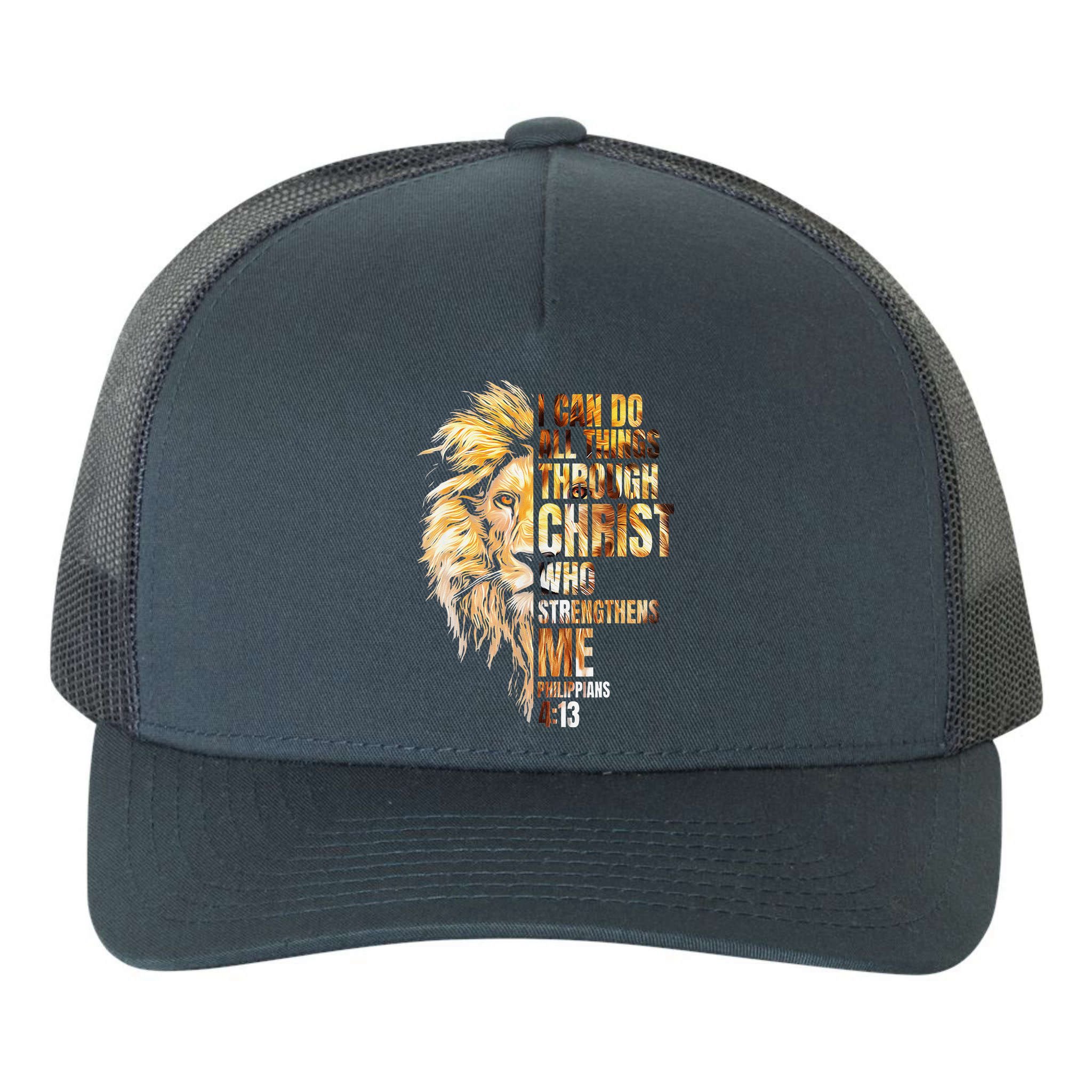 Christian I Can Do All Things Through Christ Lion Faith Yupoong Adult 5-Panel Trucker Hat