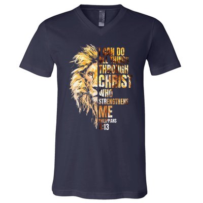 Christian I Can Do All Things Through Christ Lion Faith V-Neck T-Shirt