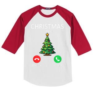 Christmas Is Calling Funny Christmas Tree Xmas Holiday Long Sleeve Kids Colorblock Raglan Jersey