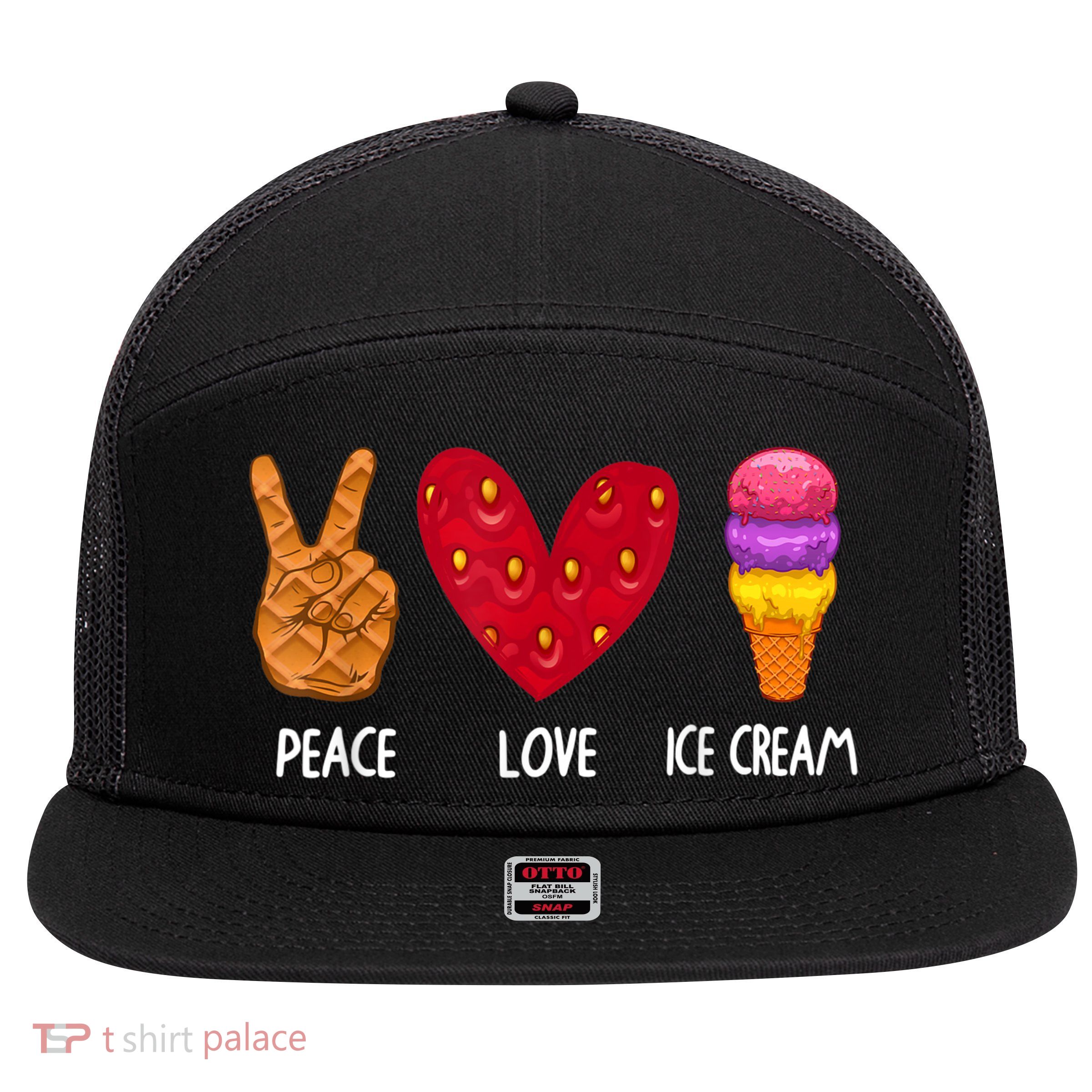 Cool Ice Cream Art For Men Women Peace Love Ice Cream Sundae 7 Panel Mesh Trucker Snapback Hat
