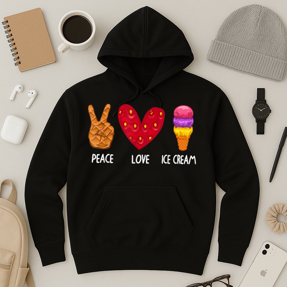 Cool Ice Cream Art For Men Women Peace Love Ice Cream Sundae Hoodie