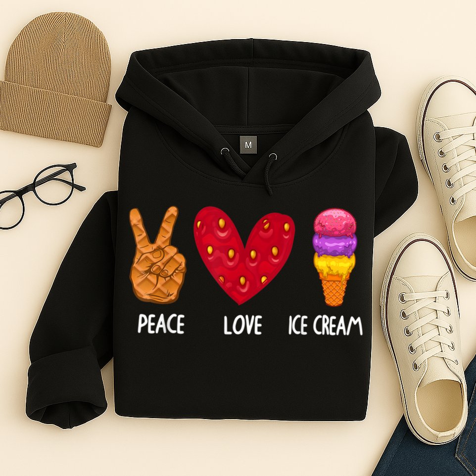 Cool Ice Cream Art For Men Women Peace Love Ice Cream Sundae Hoodie