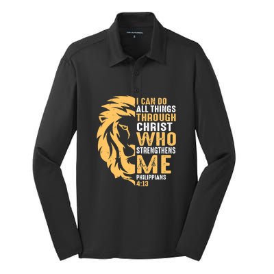 Christian I Can Do All Things Through Christ Lion Faith Silk Touch Performance Long Sleeve Polo